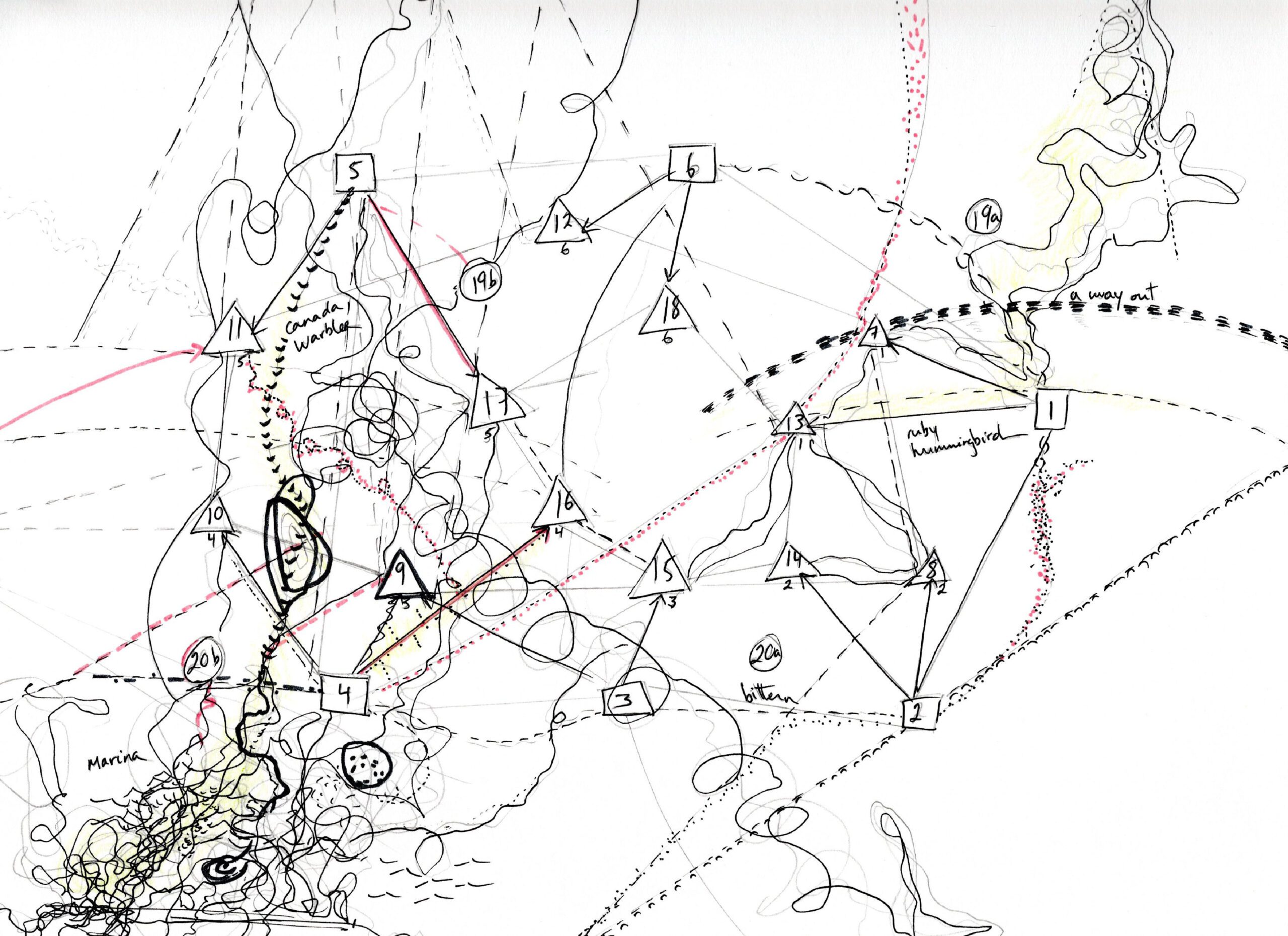 Lina Dib, North to South and Back: flights, flood fills and sticks (installation drawing), 2023, ink on paper. Courtesy of the artist.